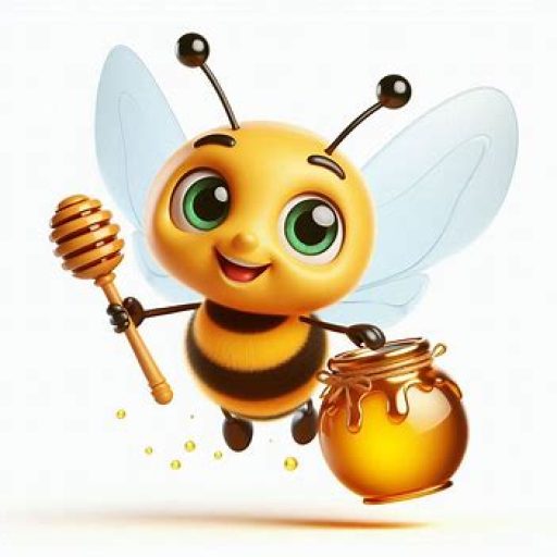 A cheerful cartoon bee holding a honey dipper in one hand and a jar of honey in the other, with big green eyes and transparent wings.